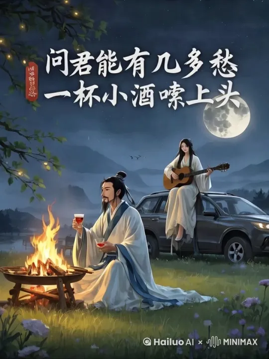 篝火动态燃烧 男人动态抬手举杯  女人手指动态在吉他上弹奏  树枝上萤火虫荧光动态呼吸灯 by Hailuo AI Video Generator
