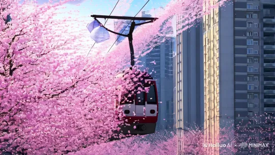 镜头01（0:00-0:05）
▶画面：樱花列车穿越重庆居民楼（新海诚式仰拍）
✧图生提示：Anime style, 8k, 重庆李子坝轻轨穿楼，粉色樱花雨，透明雨伞漂浮，宫崎骏云层质感，逆光剪影 --ar 16:9
▶视频提示：Dolly zoom镜头，樱花飘落速度0.5x，即梦AI的"花瓣轨迹"特效 by Hailuo AI Video Generator