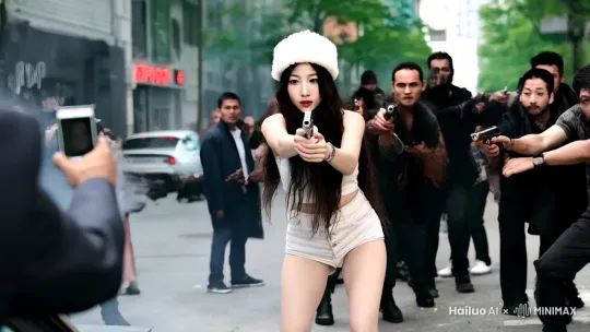一个性感穿着的美女拿着枪，在美国街头打击黑帮人群，周围有好多人在拍照，场景里有很多硝烟。 by Hailuo AI Video Generator