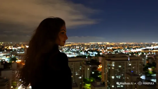 夜色中的高楼屋顶一个长头发女人看着城市的夜景，风吹动她的头发，镜头从右边慢慢移到，拉远，比例9：16 by Hailuo AI Video Generator