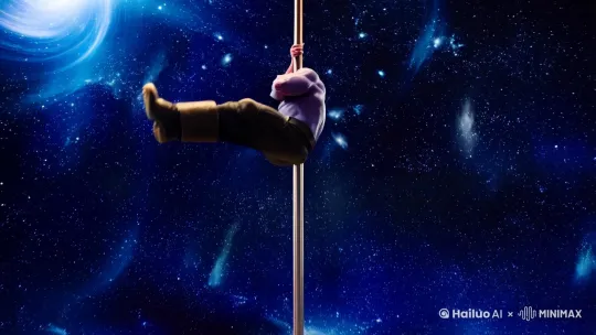 宇宙深空，灭霸在跳钢管舞[上升,推进]左脚脚心紧贴钢管旋转，右脚并拢向前甩出绕管转动旋转，吸腿上管爬管至合适高度旋转。[变焦拉远,下降]右手在上左手在下用力顶住钢管，身体放松吸右腿左腿钩管旋转。右手移至左腿下方撑出身体左手用力拉住上身防止下滑旋转。左腿伸直右腿跟上形成一字马疯狂旋转。左腿钩回身体倒地左手抓管虎口朝下旋转。右手和腋窝夹紧钢管右腿向前扫双脚吸腿平行打开旋转。左腿钩回身体倒地再提起‌旋转动作潇洒利落美感 by Hailuo AI Video Generator