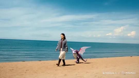 在海边的沙滩[左移,上升]（沙滩镜头大概3秒），一个年轻女士与他的魔法生物小桥（飞行类生物）入镜，她们在散步[右移,左摇,跟随]，然后她们遇见了一条大型的龙形生物。影片风格是写实，时代背景的现代 by Hailuo AI Video Generator