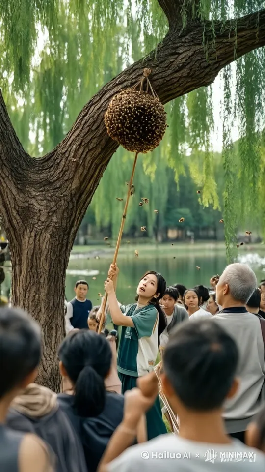 美女拿竹子去捅马蜂窝，马蜂窝掉落，无数马蜂飞落到美女身上，美女上窜下跳，所有人飞快逃跑

 by Hailuo AI Video Generator