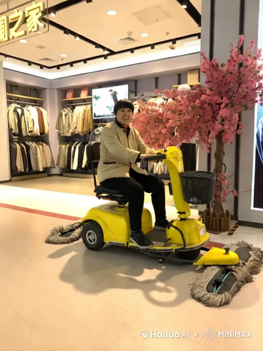 清扫车在匀速向前行使，车后冒出五颜六色的花朵[右移,跟随] by Hailuo AI Video Generator