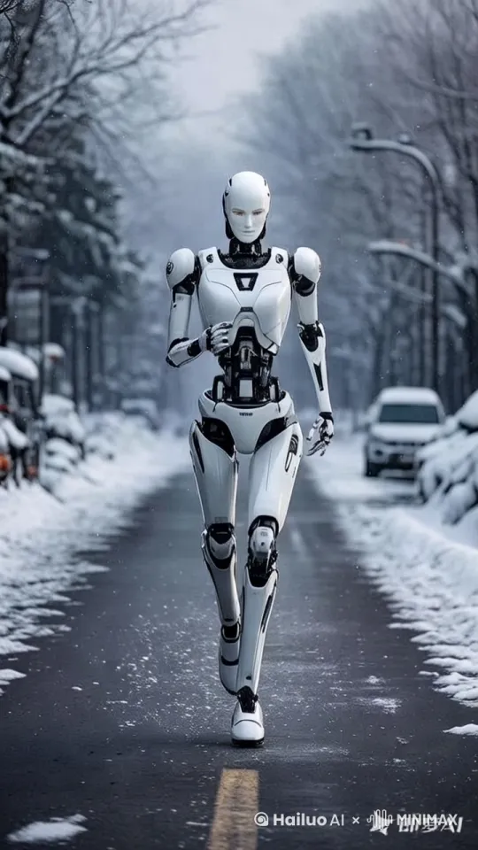 人型机器人在冬季雪后跑步，脸部表情稳定，跑起来 by Hailuo AI Video Generator