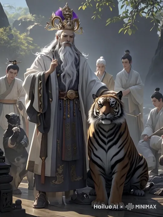 神话人手慢慢抬起指向镜头 老虎起身走向镜头 固定镜头 by Hailuo AI Video Generator