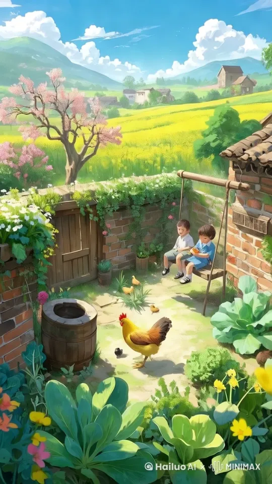鸡在觅食，小孩在荡秋千，风吹动了外面的桃花，有片片飘落 by Hailuo AI Video Generator