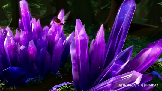 神秘幽暗的森林中央，一簇巨大、晶莹的紫色水晶晶体，两名花仙子飞向水晶，神奇光晕，神秘氛围，微距，近景，左移，推进。 by Hailuo AI Video Generator