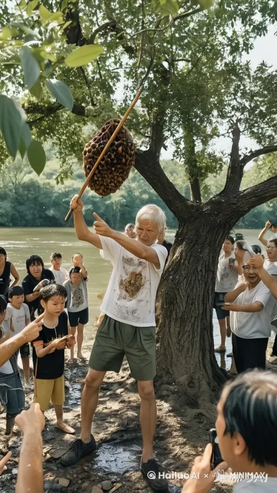 男人拿竹子去捅马蜂窝，马蜂窝掉落，无数马蜂飞出，每个人都快速跳进河里、水花四溅。场面壮观，给人眼前一亮的感觉。


 by Hailuo AI Video Generator