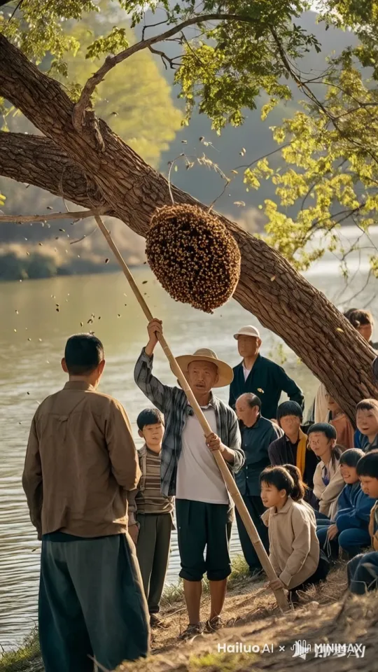 男人拿竹子去捅马蜂窝，马蜂窝掉落，无数马蜂飞出，每个人都快速跳进河里、水花四溅。场面壮观，给人眼前一亮的感觉。动态移动，镜头跟随


 by Hailuo AI Video Generator
