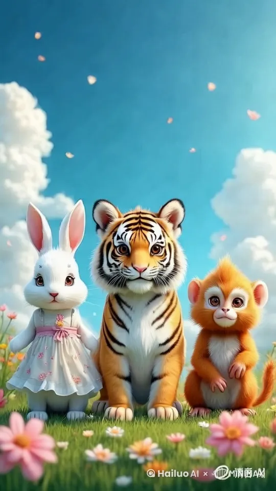 兔，虎，猴，一起开心的玩耍 by Hailuo AI Video Generator