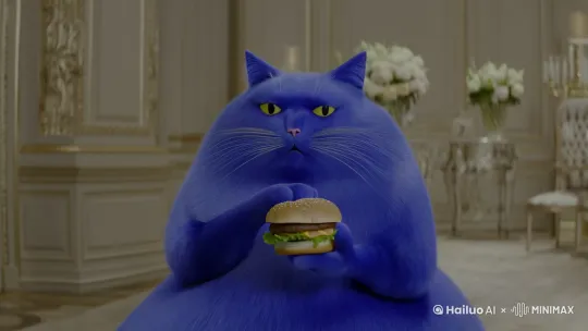 一只非常非常胖的蓝色猫在吃麦当劳 by Hailuo AI Video Generator