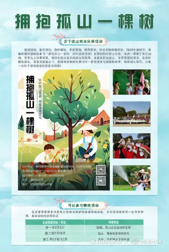 ### 孤山树木认养宣传短视频脚本：**“拥抱孤山一棵树”**

---

#### **场景1：开篇 - 清晨的孤山**

**画面**：  
- 镜头从远处缓缓推进，晨曦中的孤山被薄雾笼罩，树木郁郁葱葱，鸟儿在枝头啼鸣。
- 镜头聚焦在一棵古老的松树上，阳光透过树叶洒下斑驳的光影。

**旁白**（温暖且充满希望的声音）：  
“孤山，这座承载着千年历史的文化名山，孕育了无数生命。今天，我们邀请您一起，拥抱孤山的一棵树。”

---

#### **场景2：人物出场 - 志愿者与树木**

**画面**：  
- 一位年轻的志愿者站在树下，微笑着抚摸树干。
- 镜头切换到志愿者与树木的互动，志愿者为树木浇水、施肥、挂上认养牌。

**志愿者**（面对镜头，语气亲切）：  
“每一棵树都是孤山的守护者，它们为我们提供清新的空气，美丽的风景，还有无尽的生命力。今天，我认养了这棵树，希望它能在我和大家的呵护下，茁壮成长。”

---

#### **场景3：树木的价值 - 生态与文化**

**画面**：  
- 镜头展示孤山的自然景观，树木在四季中的变化，春天的嫩绿，夏天的浓荫，秋天的金黄，冬天的银装。
- 穿插展示孤山的历史文化遗迹，如古建筑、碑刻等，树木与文化相映成趣。

**旁白**（充满敬意的声音）：  
“树木不仅是自然的馈赠，更是文化的载体。它们见证了孤山的历史变迁，承载着无数人的记忆与情感。认养一棵树，就是守护一段历史，传承一种精神。”

---

#### **场景4：认养流程 - 简单易行**

**画面**：  
- 镜头切换到孤山树木认养活动的现场，工作人员在向市民介绍认养流程。
- 展示市民填写认养表格、领取认养证书、挂上认养牌的过程。

**工作人员**（面对镜头，语气热情）：  
“认养一棵树非常简单。您只需填写一份认养表格，领取认养证书，就可以成为这棵树的守护者。我们会为您提供必要的指导和帮助，让您轻松参与到树木的养护中来。”

---

#### **场景5：认养者的心声 - 情感共鸣**

**画面**：  
- 镜头采访几位不同年龄段的认养者，他们分享自己认养树木的初衷和感受。
- 认养者站在自己认养的树木旁，笑容满面，充满自豪。

**认养者1**（年轻人，语气坚定）：  
“我认养这棵树，是因为我想为环保出一份力，让我们的家园更美好。”

**认养者2**（中年人，语气温和）：  
“我认养这棵树，是想为孩子们树立一个榜样，让他们懂得珍惜自然。”

**认养者3**（老年人，语气慈祥）：  
“我认养这棵树，是想留下一个纪念，让我的子孙后代都能看到我为孤山做的一点贡献。”

---

#### **场景6：结尾 - 呼吁与期待**

**画面**：  
- 镜头再次聚焦在孤山的全景上，树木在阳光下熠熠生辉。
- 镜头切换到志愿者和认养者一起在树下合影，笑容灿烂。

**旁白**（充满希望和号召力的声音）：  
“拥抱孤山一棵树，守护一片绿意。让我们携手，共同为孤山的未来贡献一份力量。认养一棵树，传承一份爱，期待您的加入。”

**字幕**：  
“孤山树木认养活动，期待您的参与。详情请关注孤山官方网站。”

---

#### **片尾 - 活动LOGO与联系方式**

**画面**：  
- 孤山树木认养活动的LOGO出现在屏幕中央，下面附有活动咨询电话和官方网站链接。

**背景音乐**：  
- 温馨而充满希望的音乐渐渐淡出。

---

### 视频时长：2-3分钟

### 目标：  
- 宣传孤山树木认养活动，呼吁市民积极参与。
- 强调树木对生态环境和文化传承的重要性。
- 激发公众的环保意识和参与热情。 by Hailuo AI Video Generator