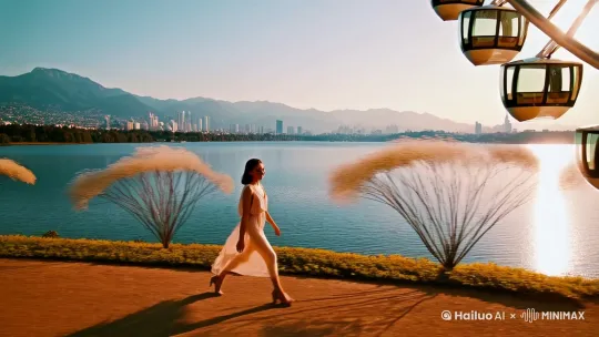 在一个宁静的湖边，微风轻拂，湖水在阳光下闪烁着粼粼波光。湖边的小径上，一位美女正缓缓走来。她身穿一袭轻盈的长裙，随着步伐轻轻摇曳。湖边的柳树垂下柔软的枝条，仿佛在向她致意。

不远处，一个巨大的摩天轮静静伫立，摩天轮的座舱在阳光下熠熠生辉。美女走向摩天轮，脸上带着微笑，仿佛在期待着一次美好的体验。她登上摩天轮，随着座舱缓缓上升，湖光山色尽收眼底。

从高处俯瞰，湖面如镜，远处的山峦和城市的天际线构成了一幅动人的画卷。摩天轮缓缓转动，美女沉浸在这片刻的宁静与美好中，享受着这难得的悠闲时光。[右移,跟随] by Hailuo AI Video Generator