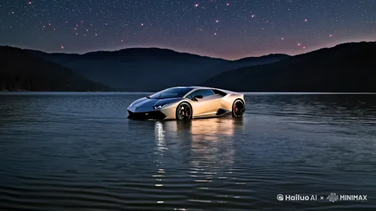 兰博基尼在平静的湖水里，缓缓行驶上岸，天上的星空以很慢的速度旋转，[推进,上升] by Hailuo AI Video Generator