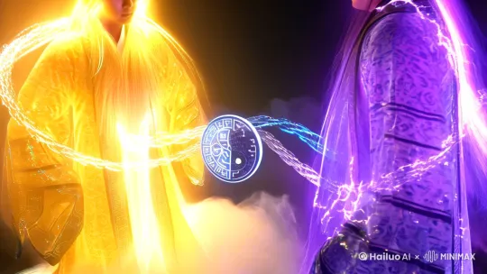 Merging of a cultivator's astral projection and physical body in xianxia style, 
two figures with contrasting energy auras - one golden (original) and one purple (clone), 
spiraling energy chains connecting them, crackling lightning between merging points, 
dynamic translucent robes with ancient daoist patterns, 
glowing runes forming a yin-yang symbol at the center, 
ultra-detailed hair strands and facial features merging seamlessly, 
4K resolution, cinematic lighting with neon blue accents, 
volumetric fog around the fusion area, trending on ArtStation --ar 16:9
// 能量流动模拟Shader核心代码片段
float3 energyFlow = mix(originalColor, cloneColor, sin(_Time * 3.1416) * 0.5);
energyFlow += tex2D(energyRipples, uv + velocity * _DeltaTime);
return energyFlow * lerp(1.0, 0.3, distanceToCenter);
float energyLoss = clamp(length(velocity) * 0.1 - 5.0, 0.0, 1.0);
materialOpacity = lerp(1.0, 0.0, energyLoss);
# 动态辉光效果算法
def apply_glow(input_frame, intensity=1.2):
    glow = cv2.sepFilter2D(input_frame, -1, np.ones((5,5),np.float32)/25, np.ones((5,5),np.float32)/25)
    return cv2.addWeighted(input_frame, 0.8, glow*intensity, 0, 255) by Hailuo AI Video Generator