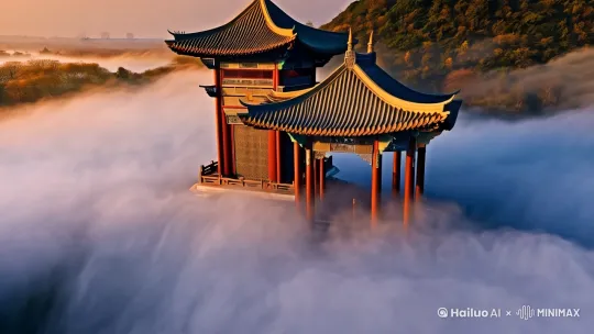 视频生成：这座仙侠风的庭院坐落在飘渺的云端，被神秘的霞光所笼罩。楼亭，延时摄影技术，烟雾缭绕，晨光，云海翻腾，俯拍，大景深，3D,32K
高清，大片即视感，电影效果，[右移,左摇,跟随] by Hailuo AI Video Generator