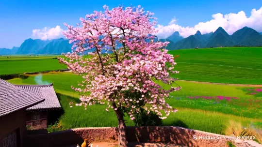 以俯瞰视角展现80年代质朴和谐的乡村风景。画面中心是一座传统的农家小院，土黄色的泥墙围合，院内一棵繁茂的桃树，粉白相间的桃花灼灼盛开，树下几只毛茸茸的小鸡正悠闲踱步觅食。小院一侧是青灰色的瓦房，烟囱正袅袅升起淡灰色炊烟。
 
小院外是大片错落有致的乡村田野，嫩绿的麦苗随风摇曳，田埂上生长着不知名的野花野草，色彩斑斓。远处是连绵起伏的青山，与蓝天白云相映成趣。天空湛蓝如宝石，洁白的云朵如同棉花糖般点缀其中。整体画面色彩明快、饱和度适中，充满生机与活力，呈现出一种田园牧歌式的宁静美好，具有大师级细腻笔触与8K高清画质。 by Hailuo AI Video Generator