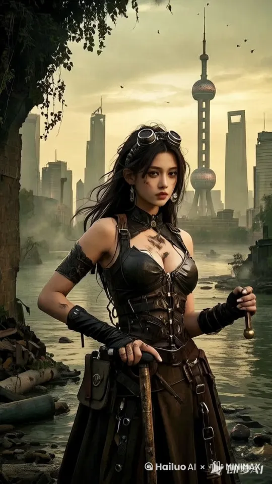 [右移,左摇,跟随]露出惊讶的表情，缓步向前，[左移,跟随]，背景建筑缓慢崩塌，[推进,上升]，天空逐渐昏暗，邪神降临 by Hailuo AI Video Generator