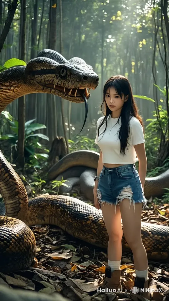树林中光影交错，美女正与一条巨蟒对峙。巨蟒如黑色闪电般扑向苏瑶，血盆大口直咬面门。美女脚尖轻点，施展“蜻蜓点水步”侧身闪开，同时玉手成爪，使出“擒拿手”直抓蟒头。蟒蛇尾巴横扫而来，美女纵身一跃，在空中旋身躲避，趁势使出“回风掌”，双掌带风猛击蟒身。蟒蛇转头再次扑咬，美女运转真气，周身泛起微光，施出“幻影迷踪拳”只见她脚踢手打，让蟒蛇一时难以近身。蟒蛇被激怒，疯狂扭动身躯，发起更猛烈攻击。美女瞅准时机，凝聚全身功力于右拳，施出“破云拳”，带着呼呼风声重重轰在蟒蛇七寸上。蟒蛇挣扎几下，瘫倒在地没了动静，苏瑶发丝微乱，却难掩眼中的坚毅。 by Hailuo AI Video Generator