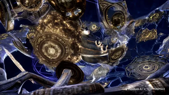 A colossal time deity manifesting as a collapsing singularity, 
（具象为坍缩奇点的庞然时间魔神）

Fluid mercury gears orbiting fractured hourglass nebulae, 
（水银流体齿轮环伺破碎沙漏星云）

Quantum threads piercing through calcified Kalachakra mandalas, 
（量子丝线穿透钙化的时轮坛城）

Shattered spacetime revealed as hexagonal prism cracks, 
（六棱柱裂纹状时空裂隙）

Biomechanical tendons pulsing with dark gold chrono-energy, 
（暗金色时序能量脉动的生物机械筋络）

Mysterious light from twelve zodiac reliefs warping into Mobius strips, 
（十二生肖浮雕辉光扭曲成莫比斯环）

Dunhuang fresco weathering effects blended with holographic datastreams, 
（敦煌壁画风化痕迹+全息数据流）

Cinematic volumetric lighting in indigo and antimatter white, 
（靛蓝与反物质白构成的体积光）

Unreal Engine 5 rendering with 16K hyper-detailed singularity core
（虚幻引擎5渲染，16K超精细节奇点核心）[左移,推进,右摇] by Hailuo AI Video Generator