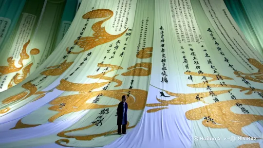 一个小小的人。浅绿色纱幔，写满毛笔字，写满毛笔字。毛笔字，报纸，满屏书法字，神秘氛围，巨大的纱幔飞舞飘逸，纱幔写满书法字，立体感，强烈的立体感，浅金色，白色，渐变，梦幻，意境。浪漫。飘逸，生物学发光体，仰视， 浪漫古风。星汉灿烂，新工笔，宏大场面，震撼感，立体3D文字在飘动，一个小小的人。浅蓝色纱幔写满金色的毛笔字。满屏书法字神秘氛围，巨大的纱幔飞舞飘逸。立体感，强烈的立体感，浅金色，白色渐变梦幻意境。浪漫飘逸生物学发光体，仰视浪漫古风，星汉灿烂新工笔。宏大场面震撼感，立体[右移,左摇,跟随][拉远] by Hailuo AI Video Generator