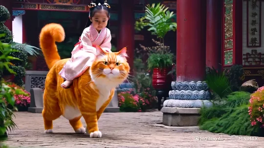 一只大大的橘猫背上骑一个穿古装的小女孩正面向我走来，霸气十足 by Hailuo AI Video Generator