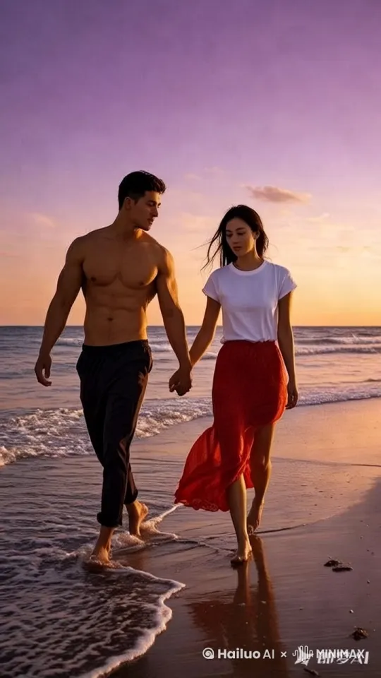 在夕阳下的海边沙滩上，一对儿年轻恋人手牵手在一起走，男孩子体格健壮，英俊潇洒，女孩子漂亮挺拔，穿着红色吊带裙，皮肤白净，身材高挑丰盈，穿着白T恤，俩人唱着经典情歌《会呼吸的痛》，字字句句中的思念和落寞让人陷入回忆 by Hailuo AI Video Generator