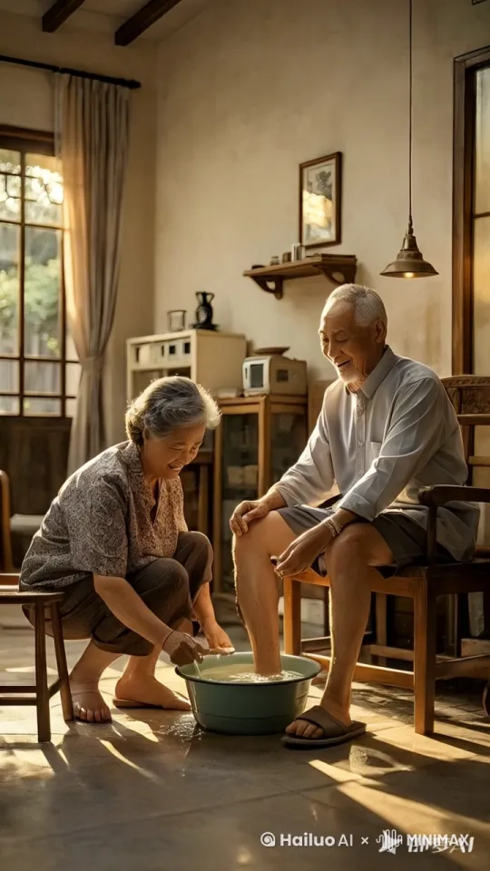 镜头移动，动态跟随，大妈帮大爷洗脚，大爷突然一脚踢向大妈，大妈被踢飞了，大后空翻摔倒在地，大爷后仰摔倒，脚下脸盆飞起来，水花飞溅。 by Hailuo AI Video Generator