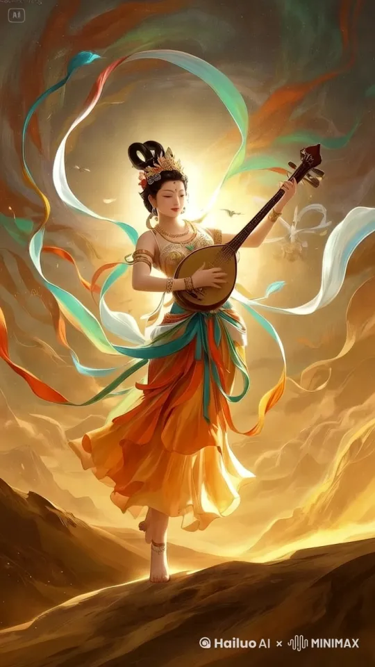 飞天女神弹琵琶，彩带飞舞，[右移，左摇] by Hailuo AI Video Generator