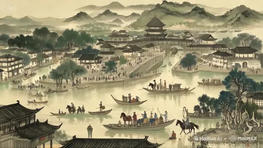 为了使这幅图像中的内容全部动起来，我们可以设想一个动态的场景。以下是详细的动态提示词：

1. **水流**：河水缓缓流动，水面上泛起轻微的波纹。船只在水面上移动，有的顺流而下，有的逆流而上。

2. **船只**：各式各样的船只在水面上行驶，有小舟、渔船、商船等。船上的人们在忙碌，有的在划桨，有的在搬运货物，有的在交谈。

3. **人群**：河岸上和桥梁上的人们熙熙攘攘，有的在行走，有的在交谈，有的在观赏风景。有些人牵着马匹，有些人挑着担子。

4. **建筑**：房屋和桥梁在微风中轻轻摇曳，屋顶上的瓦片在阳光下闪闪发光。建筑物的门窗有时会打开，有人进出。

5. **树木**：河岸边的树木随风摇曳，树叶沙沙作响。鸟儿在树枝间飞来飞去，有时停在树枝上鸣叫。

6. **远山**：远处的山峦在薄雾中若隐若现，山间的云雾缓缓流动，给人一种宁静而神秘的感觉。

7. **光线**：阳光透过云层洒在河面上，水面反射出粼粼波光。光线随着时间的推移而变化，从清晨的柔和光线到中午的强烈阳光，再到傍晚的温暖余晖。

8. **声音**：可以想象到水流的潺潺声，船桨划水的声音，人们的交谈声，马蹄声，鸟鸣声，以及风吹树叶的沙沙声。

通过这些动态提示词，我们可以想象出一个生动而充满活力的场景，仿佛这幅画中的每一个元素都在动起来，形成一个和谐的整体。 by Hailuo AI Video Generator