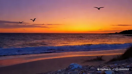 A tranquil sunset on a secluded beach, waves rhythmically caressing the sandy shore. The sky transitions from warm orange to soft purple, reflecting on the wet sand. Seagulls soar in the distance, while seashells glisten under the fading light. Time-lapse of clouds drifting adds a meditative quality by Hailuo AI Video Generator