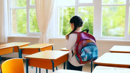 她背着书包来到教室里，找到座位坐下来，然后拿出本子开始做作业，她年龄只有十岁。（时间控制在十秒） by Hailuo AI Video Generator