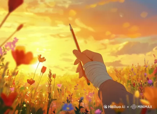 A hand with a bandage holding a pencil, in the background is a field of flowers and a sunset sky, in the style of Atey Ghailan, in the style of Ghibli, with warm colors, soft lighting, a close-up shot, high resolution, high detail, and high quality. by Hailuo AI Video Generator