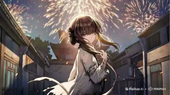 [下降,上摇] ，整体以2D为主，背景烟花绽放，人物头发和衣服可以轻微飘动 by Hailuo AI Video Generator