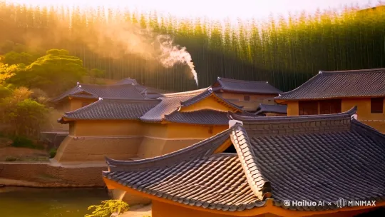 阳光洒在一座宁静西南小山村四周都是竹林，错落有致的土墙瓦房，袅袅升起的炊烟。画面比例是9：16 by Hailuo AI Video Generator