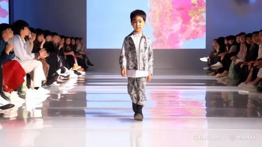 全景画面采用中心构图，以小男孩全身正视图呈现。小男孩身着时尚精致的服饰，迈着专业男模般自信且优雅的步伐，在T台上正常前行。镜头跟随。台下，坐满了神情专注的观众，他们的目光紧紧跟随着小男孩的一举一动。T台背景是一块巨大的横屏电子屏幕，屏幕上正播放着与秀场主题紧密相关的动感画面，色彩绚丽，与小男孩的展示相得益彰。T台地面铺着闪耀着迷人光泽的白色材质，在现场柔和而明亮的灯光照耀下，反射出迷人光影。整个场景充满高端时尚氛围，将时尚秀场的魅力完美展现，专业的构图，达芬奇大师级调色。  by Hailuo AI Video Generator