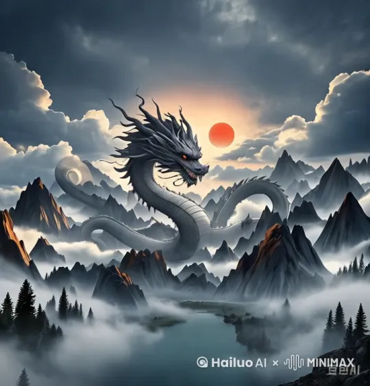 "Slow upward tilt shot from ground to sky, Zhu Long's giant head emerging through dark clouds, camera trembling with dragon's roar, volumetric lightning flashes, 16mm wide lens --motion 6 by Hailuo AI Video Generator
