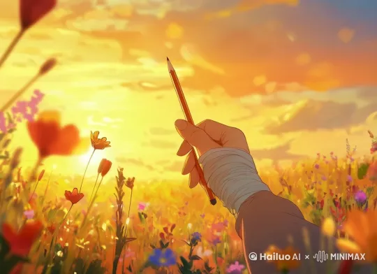 One arm is wrapped around, sticking out from the screen, holding a close-up of a pencil against a background of a field full of colorful wildflowers, a sunrise in the sky, warm colors, Studio Ghibli style, digital art style. by Hailuo AI Video Generator