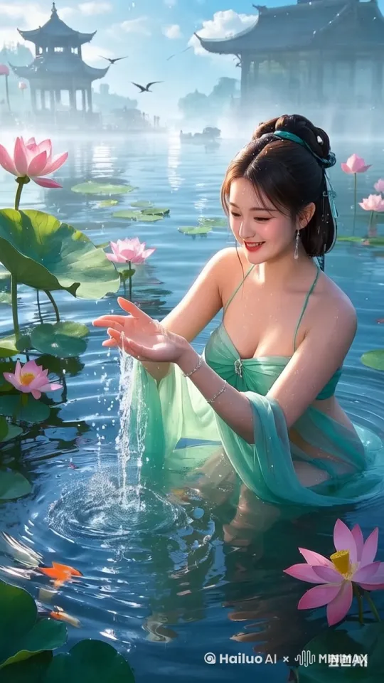 Misty lotus pond after rain, morning fog creating veiled water surface, pink-white blossoms among emerald leaves, ancient pavilion silhouette with egret flock in distance. Voluptuous Northern Dynasties-style beauty with dewy round cheeks, wearing mint-green gradient chiffon bikini, cross-shaped bun adorned with pearl ornaments, translucent silk shawl draped over shoulders. Medium close-up facing camera: cupping sparkling water droplets from chest, damp hair strands clinging to dimples, turning slightly as shawl creates ripples, smiling with crescent-shaped eyes. Hyper-realistic cinematography, 8K resolution capturing lotus reflections in pupils, slow-motion water droplet trajectories, semi-transparent silk wetting effect. Dawn light breaking through clouds with crepuscular rays, dewdrops refracting rainbow glows, fish nudging ankles creating bubble trails. Shot on Panavision Millennium DXL2 with submersible drone circling, 480fps capturing water splash patterns, real-time CFD simulation for shawl movement. by Hailuo AI Video Generator