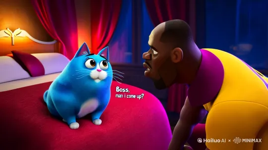 一一只蓝色的胖猫和一个黑色的人,他有点像科比,他们都在一个床上,然后蓝色的猫,它说老大你好,我能上来吗?蓝色的猫就叫它滚,然后老大就比较生气,就给了蓝色的猫一锤子,蓝色的猫非常生气,然后就狠狠的抓老大 by Hailuo AI Video Generator