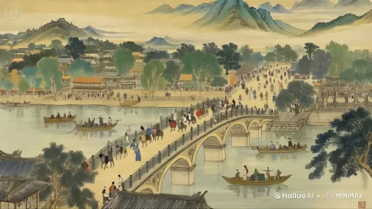 为了使这幅图像中的内容全部动起来,形成繁荣的景象,我们可以设想一个动态的场景。以下是详细的动态提示词:
1. **水流**:河水缓缓流动,水面上泛起轻微的波纹。船只在水面上移动,有的顺流而下,有的逆流而上。
2. **船只**:各式各样的船只在水面上行驶,有小舟、渔船、商船等。船上的人们在忙碌,有的在划桨,有的在搬运货物,有的在交谈。
3. **人群**:河岸上和桥梁上的人们熙熙攘攘,有的在行走,有的在交谈,有的在观赏风景。有些人牵着马匹,有些人挑着担子。
4. **建筑**:房屋和桥梁在微风中轻轻摇曳,屋顶上的瓦片在阳光下闪闪发光。建筑物的门窗有时会打开,有人进出。
5. **树木**:河岸边的树木随风摇曳,树叶沙沙作响。鸟儿在树枝间飞来飞去,有时停在树枝上鸣叫。
6. **远山**:远处的山峦在薄雾中若隐若现,山间的云雾缓缓流动,给人一种宁静而神秘的感觉。
7. **光线**:阳光透过云层洒在河面上,水面反射出粼粼波光。光线随着时间的推移而变化,从清晨的柔和光线到中午的强烈阳光,再到傍晚的温暖余晖。
8. **声音**:可以想象到水流的潺潺声,船桨划水的声音,人们的交谈声,马蹄声,鸟鸣声,以及风吹树叶的沙沙声。
通过这些动态提示词,我们可以想象出一个生动而充满活力的场景,仿佛这幅画中的每一个元素都在动起来,形成一个和谐的整体。 by Hailuo AI Video Generator