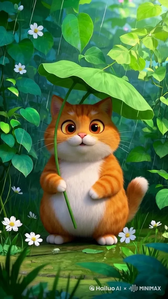 小猫手里举着荷叶在下雨天。眨着懵懂的眼睛看向你，非常的懵懂可爱。 by Hailuo AI Video Generator