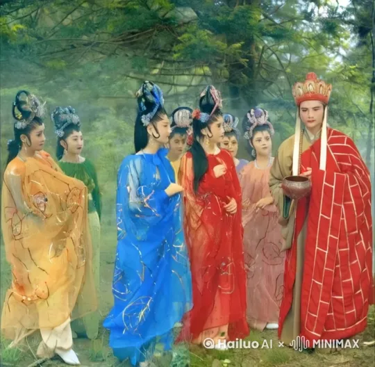 [全景镜头]云雾缭绕的仙家洞府中，七彩琉璃灯悬浮空中，檀香袅袅升起。身披锦襕袈裟的唐僧端坐白玉石桌主位，六位身着薄纱霓裳的绝色仙子（红/蓝/青/紫/金/白六色襦裙）手持夜光杯环绕左右。桌面上蟠桃仙酿闪烁微光，背景可见莲花池中锦鲤跃出水面。

[中景特写]唐僧左手结佛礼手印，右手轻举雕有《般若经》纹样的青铜酒樽，仙子们纤纤玉指捏着翡翠杯沿同步举杯，鎏金步摇随着动作微微晃动，镜头聚焦酒杯相碰时溅出的琥珀色酒液。

[动态元素]洞府穹顶飘落桃花瓣，在接触到酒杯时化作金色梵文消散。背景隐约浮现大雁塔虚影，搭配古筝与竹笛的欢快合奏声。慢镜头展现唐僧无奈苦笑与仙子们狡黠媚眼对视的瞬间，衣袂飘动间露出石桌下被定身术定住的孙悟空毛茸茸的手掌。

**技术参数建议：**
- 画风：敦煌壁画色彩+宋代工笔细节
- 光影：伦勃朗式打光增强立体感
- 运镜：中国画长卷式水平横移转俯拍
- 彩蛋：酒杯倒影中闪现女儿国宫殿轮廓 by Hailuo AI Video Generator