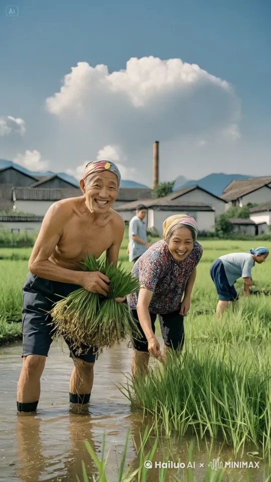 镜头移动，动态跟随，大船突然闯进飞了起来，紧接着巨大的鲸鱼从海底跳出来，试图把大船吃掉，插秧的人们惊恐万状，四处奔逃 by Hailuo AI Video Generator