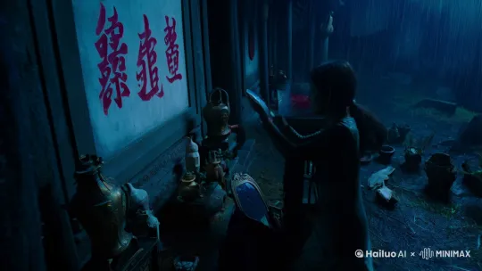 开场】深夜暴雨，扎纸匠孙女林秀举着手机闯进废弃祠堂。镜头扫过褪色喜字、腐烂供果，定格在供台铜镜——镜面渗出暗红液体。

【第一幕】林秀掀开褪色红绸，露出一口红棺。弹幕字体突然扭曲成"快逃"。棺材轰然炸裂，纸嫁衣女尸端坐其中，盖头下传出指甲刮木声。

【第二幕】手机闪光灯自动开启。女尸脖颈青紫掐痕随光线显现，林秀后颈出现同款淤青。祠堂门窗消失，墙面渗出写满"冤"字的血书。

【高潮】铜镜映出林秀穿着纸嫁衣的模样。女尸盖头飘落——竟是林秀七窍流血的脸！手机电量瞬间归零前，拍到女尸手腕胎记与林秀完全重合。

【结局】黑屏中响起唢呐声。画面闪回：扎纸匠将枉死少女缝进棺材的蒙太奇。最后定格在祠堂外歪斜的墓碑，新刻的"林秀"二字正渗出血珠。 by Hailuo AI Video Generator
