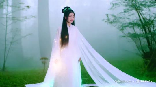 她身披月华织就的白纱，发间缀着星辉凝成的玉簪，踏云而行时似雪落青莲，衣袂带起的流光惊散了林间晨雾‌，一只巨大的毛茸茸的白狼从那个人身后走近，并在他们附近停下，露出温和的表情。（效果类似《暮光之城》中的狼人） by Hailuo AI Video Generator