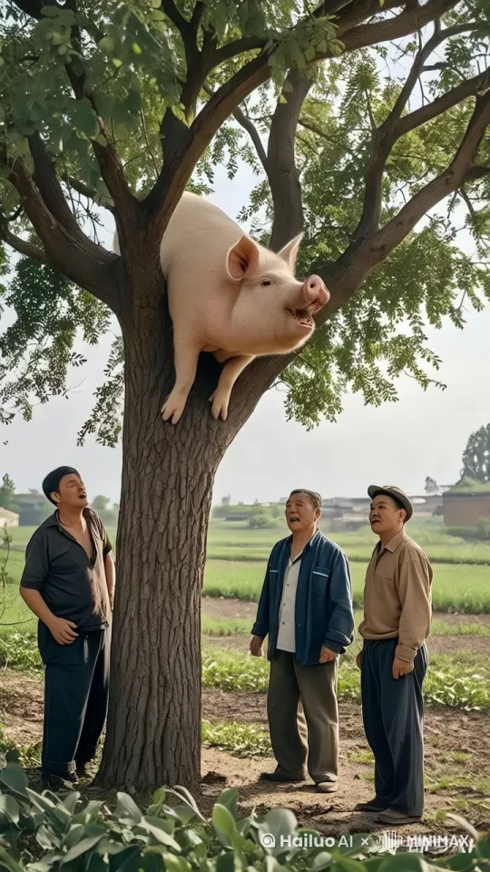 1、肥猪奋力的爬上树杈；
2、肥猪飞快的往树上爬，旁边人焦急的拉着它 by Hailuo AI Video Generator
