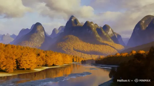 Serene autumn landscape, distant mountains with yellowing leaves, meandering river reflecting the sky, light clouds, gentle breeze, Chinese ink wash painting style, minimalist, vast emptiness, solitude.

Lonely mountain, quiet river, autumn colors, oil painting, impressionistic brushstrokes, warm and cool tones, peaceful atmosphere.

Dreamlike landscape, surreal mountains, flowing river, soft clouds, digital painting, low saturation, ethereal mood, solitude. by Hailuo AI Video Generator