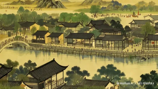 为了使这幅图像中的内容全部动起来，我们可以设想一个动态的场景。以下是详细的动态提示词：

1. **水流**：河水缓缓流动，水面上泛起轻微的波纹。船只在水面上移动，有的顺流而下，有的逆流而上。

2. **船只**：各式各样的船只在水面上行驶，有小舟、渔船、商船等。船上的人们在忙碌，有的在划桨，有的在搬运货物，有的在交谈。

3. **人群**：河岸上和桥梁上的人们熙熙攘攘，有的在行走，有的在交谈，有的在观赏风景。有些人牵着马匹，有些人挑着担子。

4. **建筑**：房屋和桥梁在微风中轻轻摇曳，屋顶上的瓦片在阳光下闪闪发光。建筑物的门窗有时会打开，有人进出。

5. **树木**：河岸边的树木随风摇曳，树叶沙沙作响。鸟儿在树枝间飞来飞去，有时停在树枝上鸣叫。

6. **远山**：远处的山峦在薄雾中若隐若现，山间的云雾缓缓流动，给人一种宁静而神秘的感觉。

7. **光线**：阳光透过云层洒在河面上，水面反射出粼粼波光。光线随着时间的推移而变化，从清晨的柔和光线到中午的强烈阳光，再到傍晚的温暖余晖。

8. **声音**：可以想象到水流的潺潺声，船桨划水的声音，人们的交谈声，马蹄声，鸟鸣声，以及风吹树叶的沙沙声。

通过这些动态提示词，我们可以想象出一个生动而充满活力的场景，仿佛这幅画中的每一个元素都在动起来，形成一个和谐的整体。 by Hailuo AI Video Generator